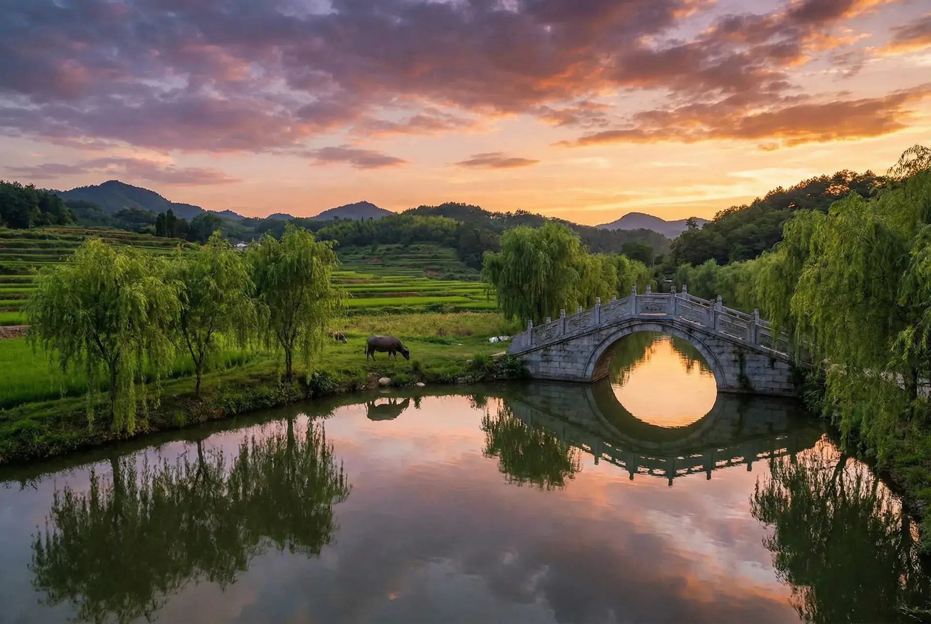 夕阳下的石拱桥与垂柳，水牛在河边吃草 - 顾欣欣 乡村美景